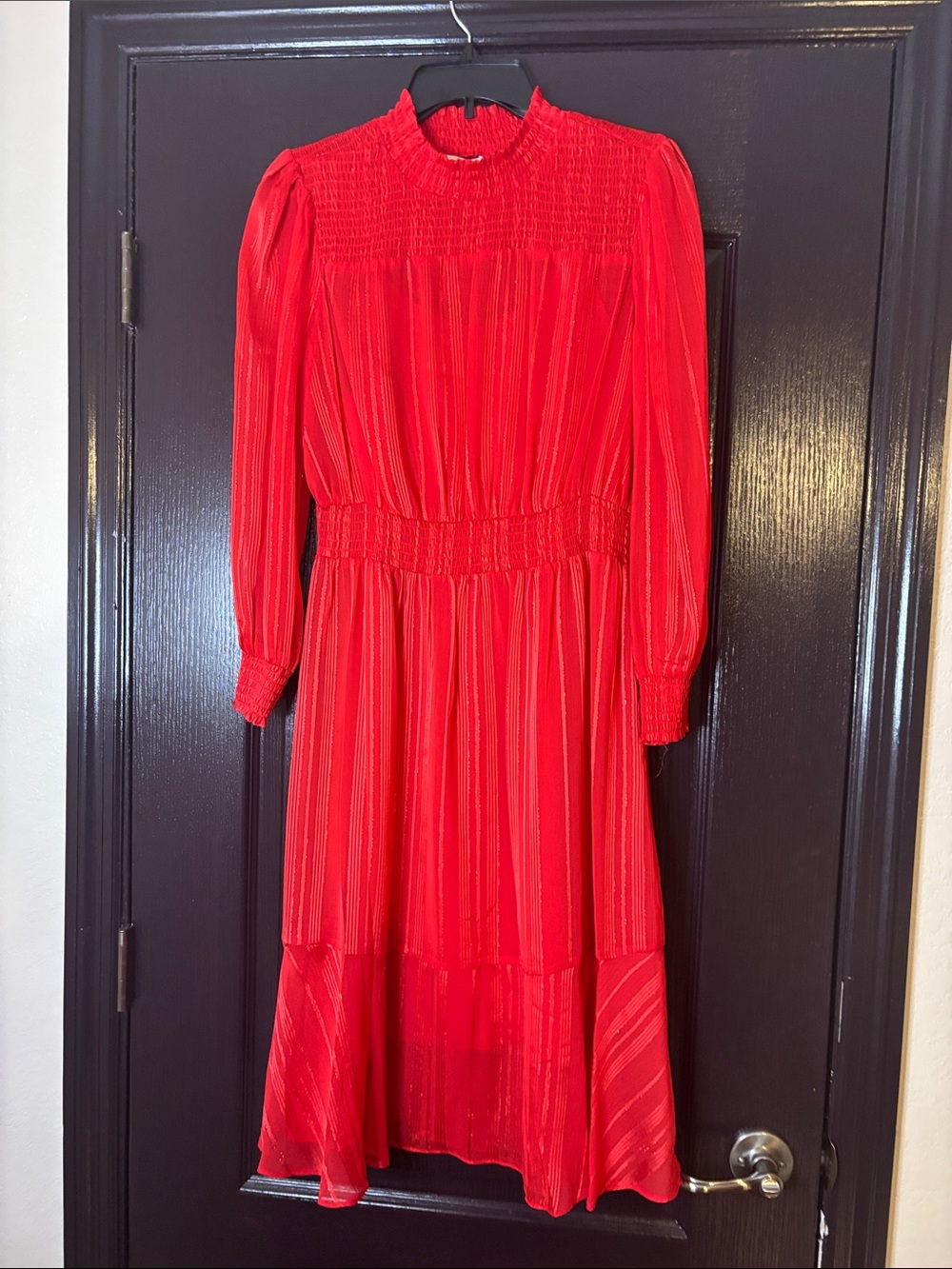 Red Long-Sleeve Smocked Waist Midi Dress